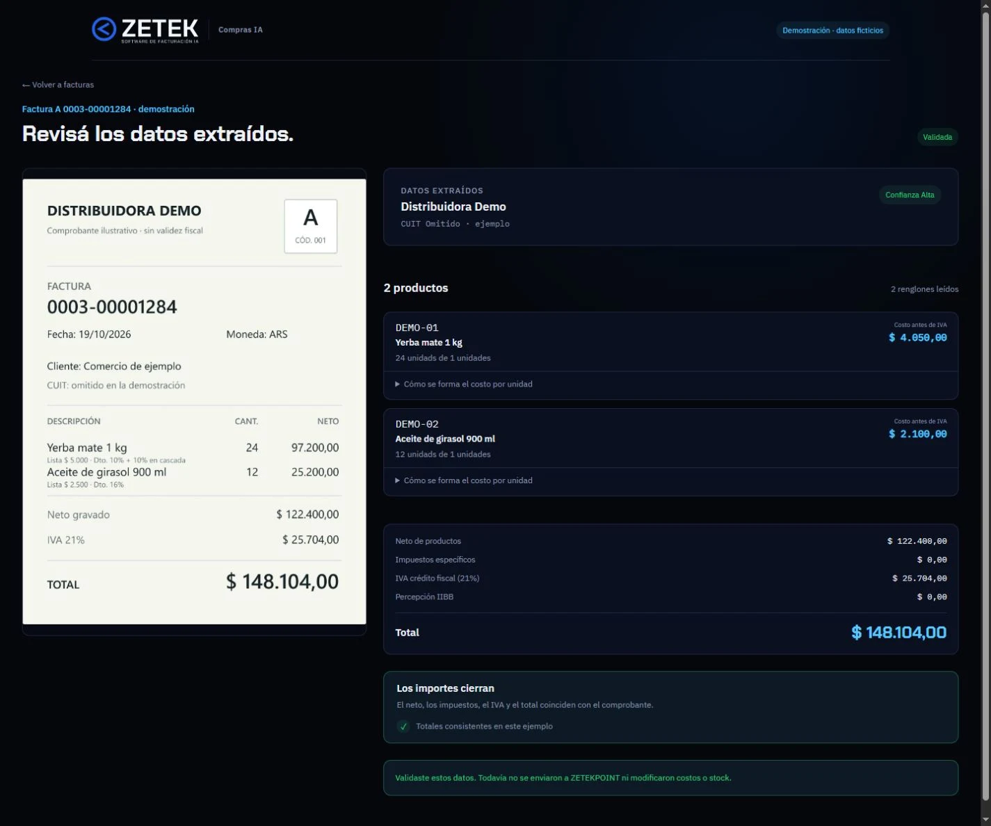 Vista del detalle de compra del producto con datos ficticios: yerba a 4.050 pesos por unidad, aceite a 2.100, neto 122.400, IVA 25.704 y total 148.104 pesos. La validación no modifica costos ni stock.