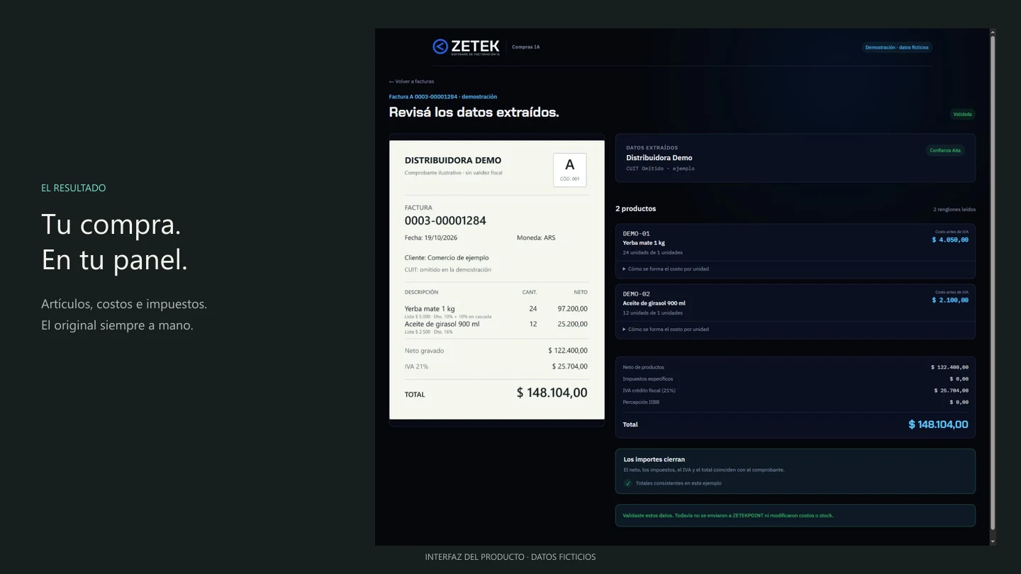 Ejemplo ficticio: una factura pasa de WhatsApp a la revisión en ZETEK Compras IA